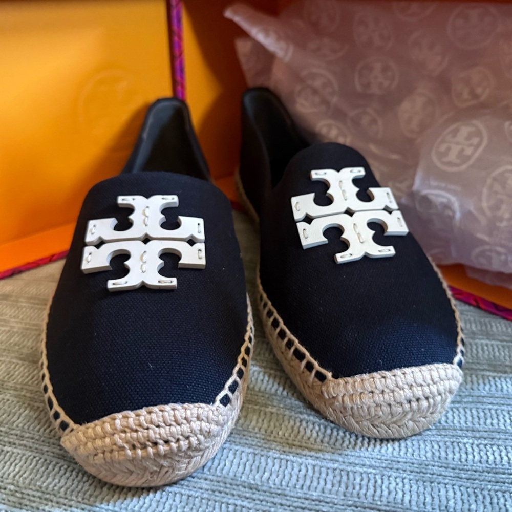 NWT & Box! Tory Burch Black Canvas Slip-Ons
